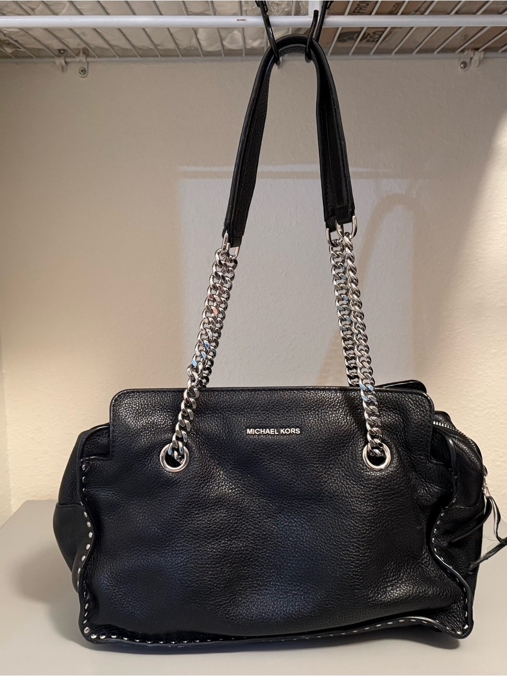 Michael Kors Black Pebbled Leather Shoulder Bag with Silver Chain Straps